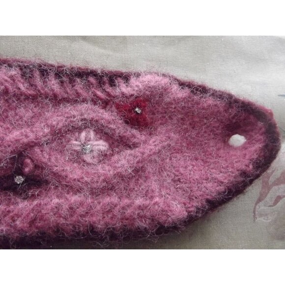 Pink Knit Button Scarf or Headband Wine Burgundy embroidered Floral rhinestones - Picture 6 of 9